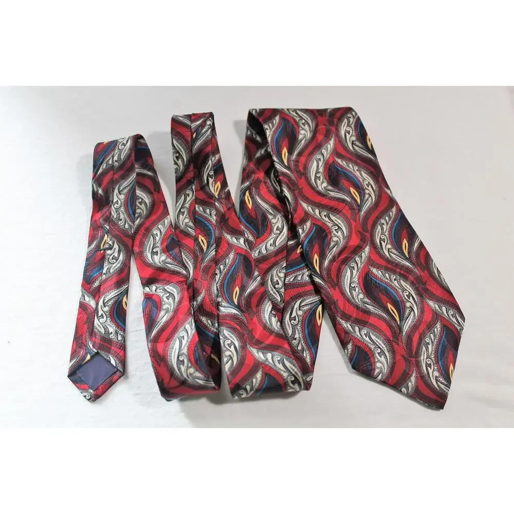 Vintage STUART HUGHES Silk Necktie, Maroon-Peacock Blue-Gold-White, 3.75 X 58